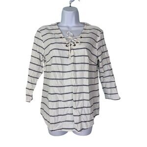 Sunday Medium Blue White Striped Lace Up Tunic Top 3/4 Sleeve Cotton Linen Blend